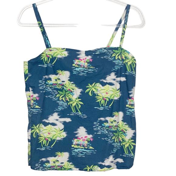 HOLLISTER Hawaiian Button Back Sleeveless Top Island Print Blue Green Size Small - Picture 3 of 5